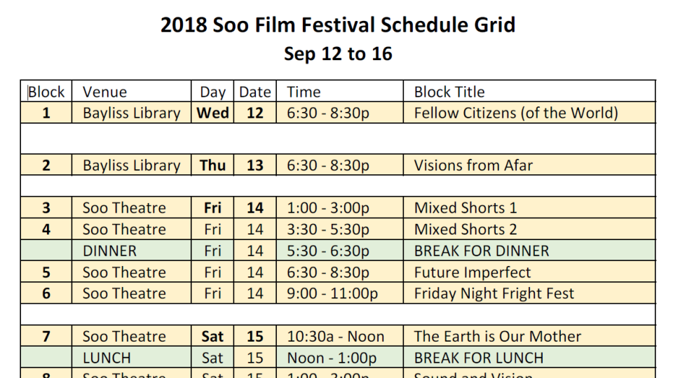 2018 Soo Film Festival Schedule Grid